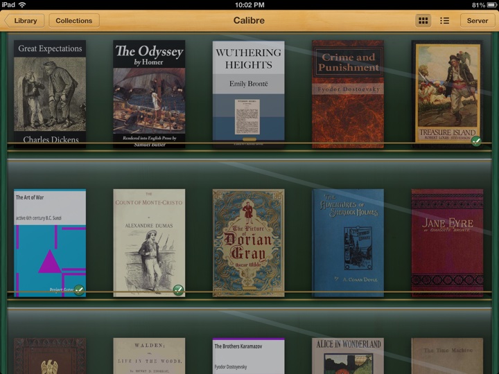 A Calibre server’s books, behind glass.
